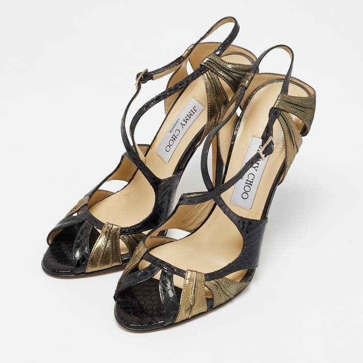 Pre Owned Jimmy Choo Thistle Size 38 Black Gold Leather and Python Leather Ankle Strap Sandals