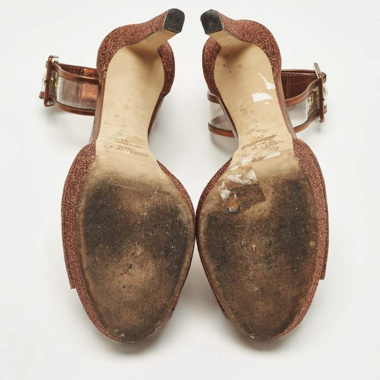 مملوكة مسبقًا Jimmy Choo Moscow Size 41 Metallic Lurex Fabric and PVC Ankle Strap Sandals