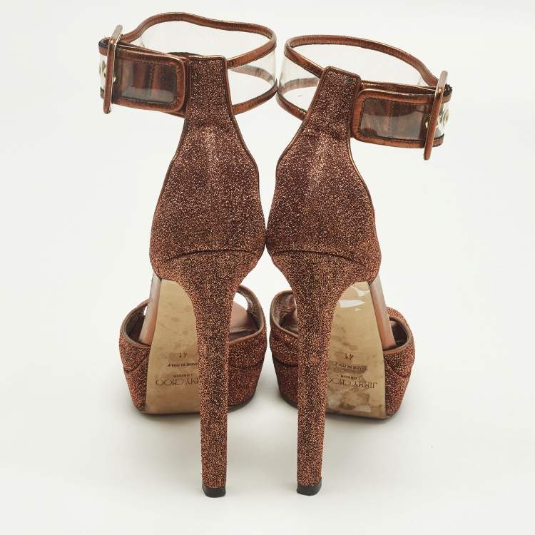 مملوكة مسبقًا Jimmy Choo Moscow Size 41 Metallic Lurex Fabric and PVC Ankle Strap Sandals