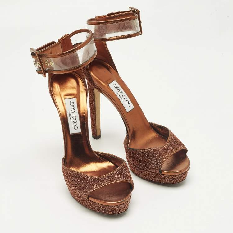 مملوكة مسبقًا Jimmy Choo Moscow Size 41 Metallic Lurex Fabric and PVC Ankle Strap Sandals