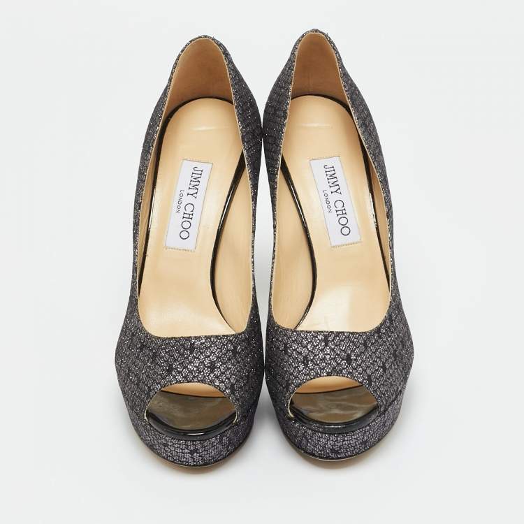 Pre Owned Jimmy Choo Dahlia Size 40 Metallic Glitter Peep Toe Pumps