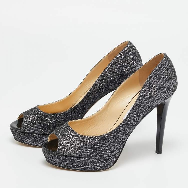 Pre Owned Jimmy Choo Dahlia Size 40 Metallic Glitter Peep Toe Pumps