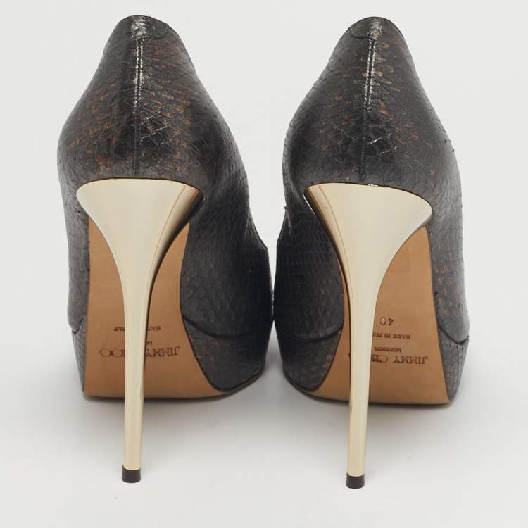 Pre Owned Jimmy Choo Size 40 Metallic Grey Python Embossed Leather Platform Peep Toe Pumps