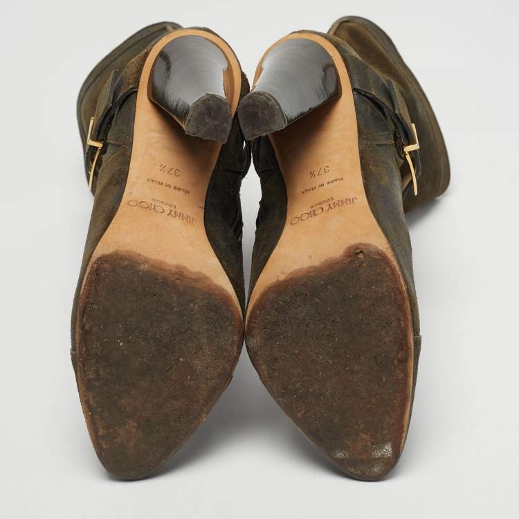 Pre Owned Jimmy Choo Size 37.5 Olive Green Suede Ankle Length Boots