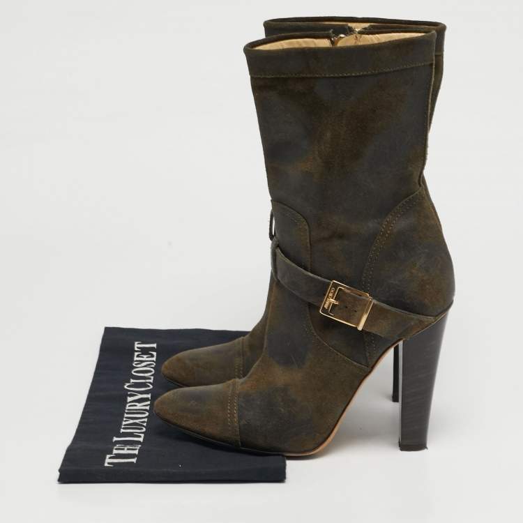 Pre Owned Jimmy Choo Size 37.5 Olive Green Suede Ankle Length Boots