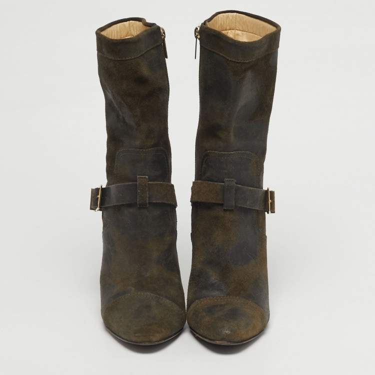 Pre Owned Jimmy Choo Size 37.5 Olive Green Suede Ankle Length Boots