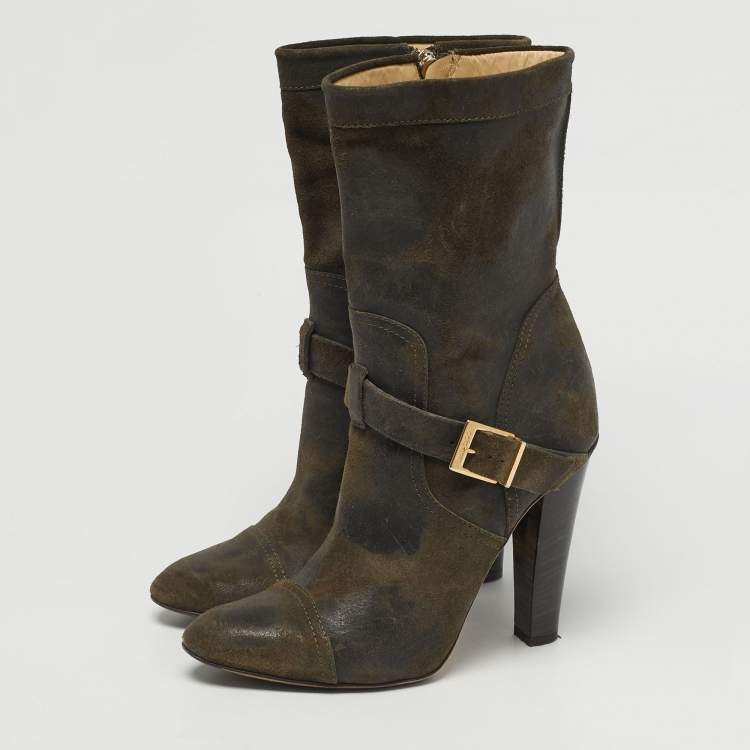 Pre Owned Jimmy Choo Size 37.5 Olive Green Suede Ankle Length Boots