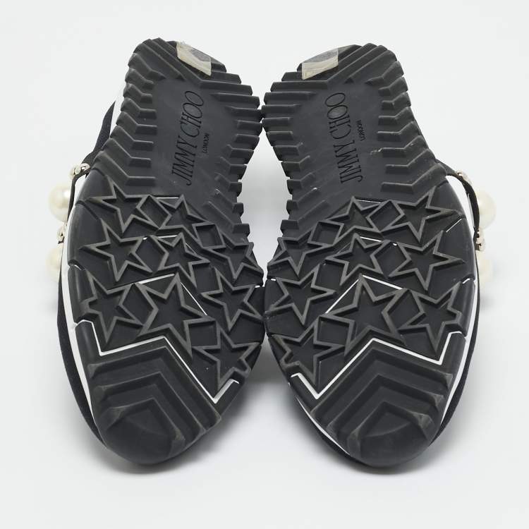 Pre Owned Jimmy Choo Verona Size 41 Black Knit Fabric Faux Pearl Studded Slip On Sneakers