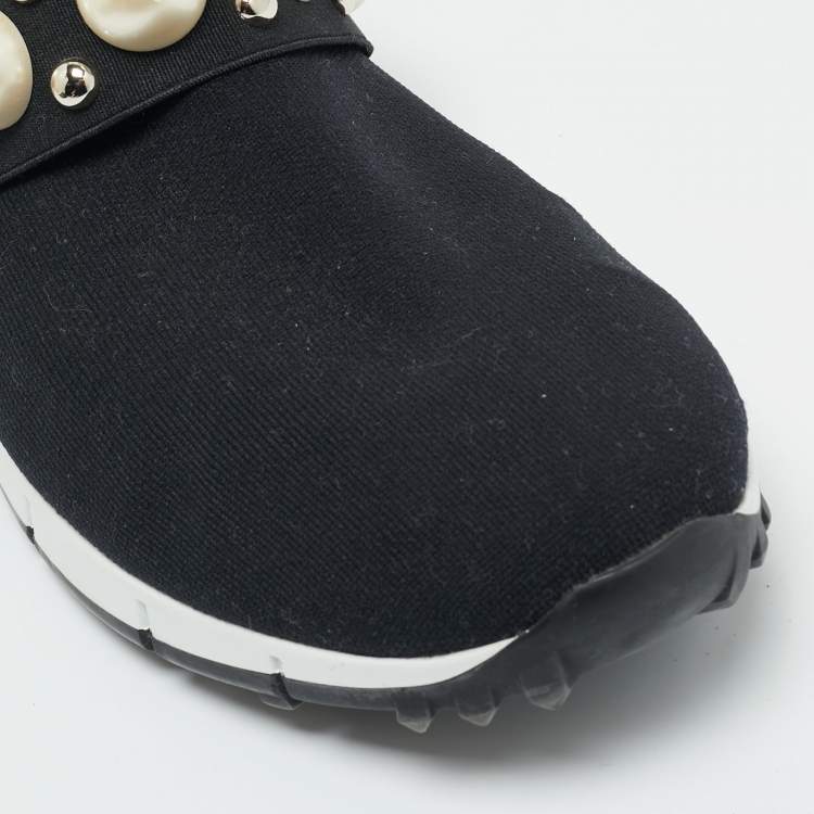 Pre Owned Jimmy Choo Verona Size 41 Black Knit Fabric Faux Pearl Studded Slip On Sneakers