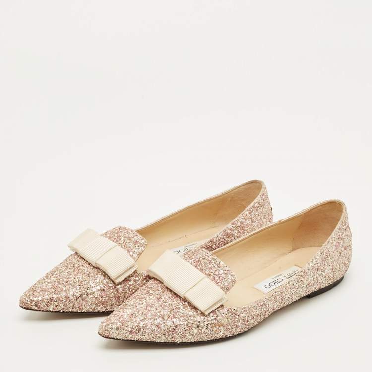 Pre Owned Jimmy Choo Gala Size 38.5 Metallic Glitter Bow Pointed Toe Ballet Flats