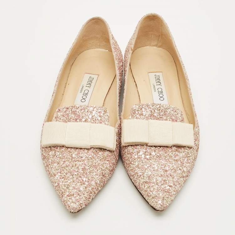 Pre Owned Jimmy Choo Gala Size 38.5 Metallic Glitter Bow Pointed Toe Ballet Flats