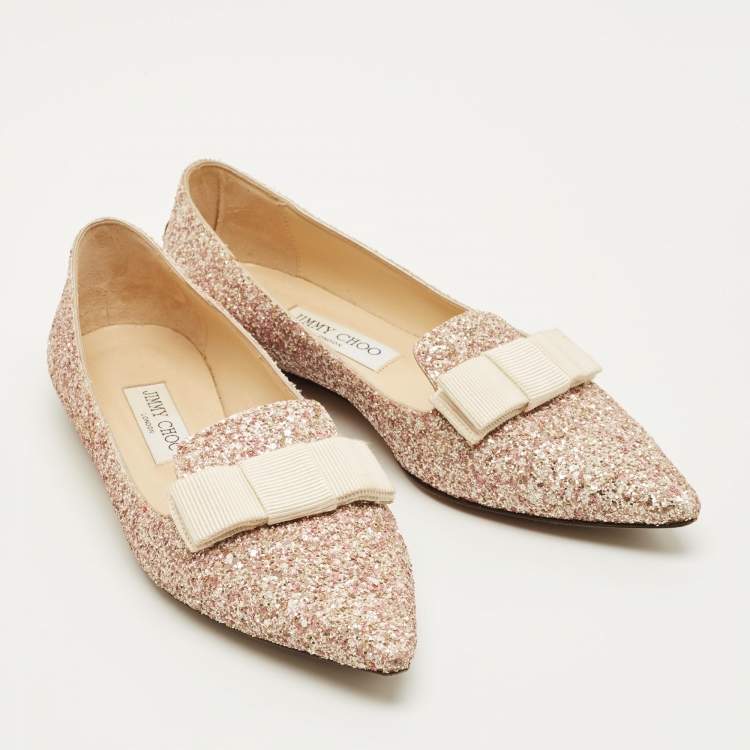 Pre Owned Jimmy Choo Gala Size 38.5 Metallic Glitter Bow Pointed Toe Ballet Flats