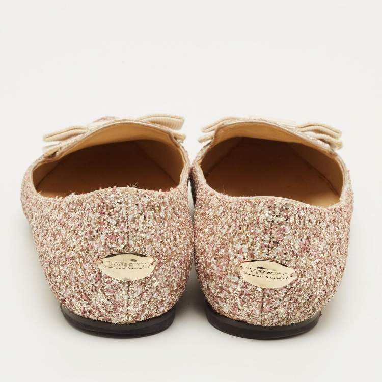 Pre Owned Jimmy Choo Gala Size 38.5 Metallic Glitter Bow Pointed Toe Ballet Flats