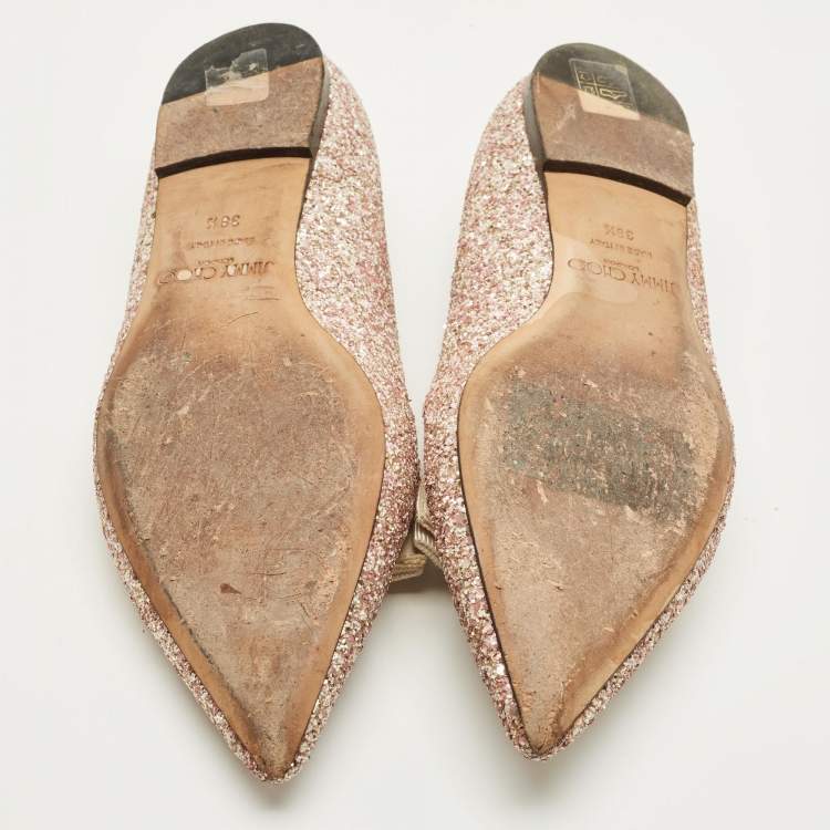 Pre Owned Jimmy Choo Gala Size 38.5 Metallic Glitter Bow Pointed Toe Ballet Flats