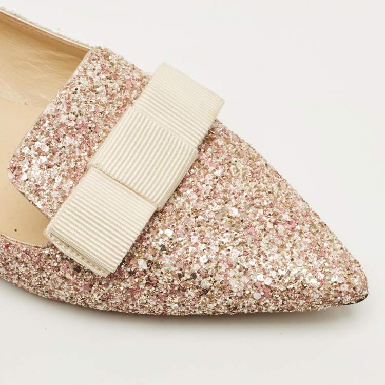 Pre Owned Jimmy Choo Gala Size 38.5 Metallic Glitter Bow Pointed Toe Ballet Flats