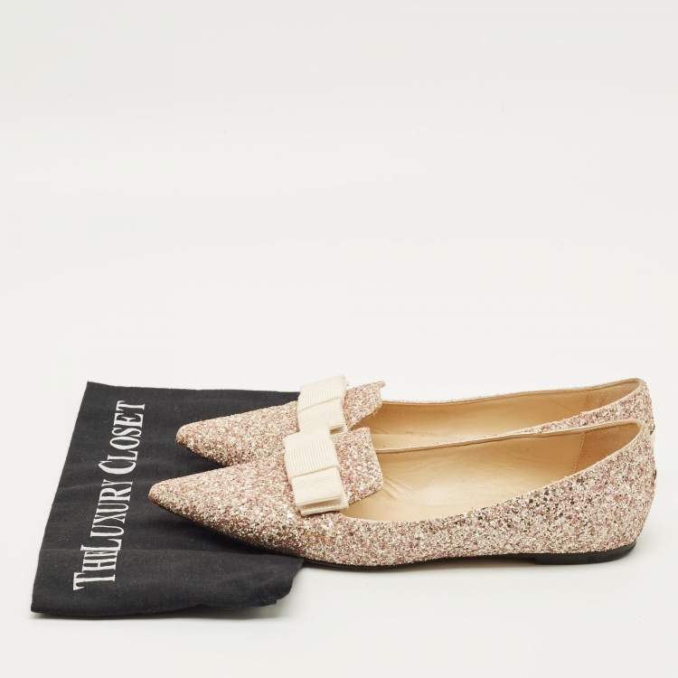 Pre Owned Jimmy Choo Gala Size 38.5 Metallic Glitter Bow Pointed Toe Ballet Flats