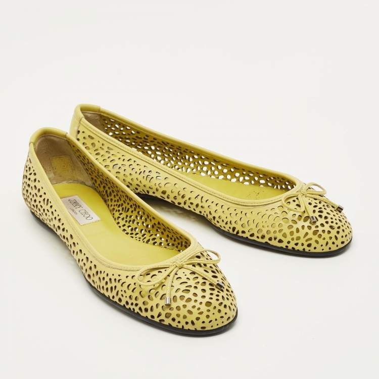 Pre Owned Jimmy Choo Size 40 Green Cutout Leather Ballet Flats