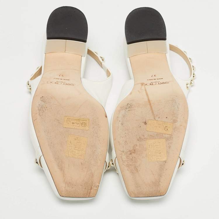 Pre Owned Jimmy Choo Hya Pearl Embellished Size 37 White Leather Slingback Pumps