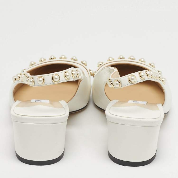 Pre Owned Jimmy Choo Hya Pearl Embellished Size 37 White Leather Slingback Pumps