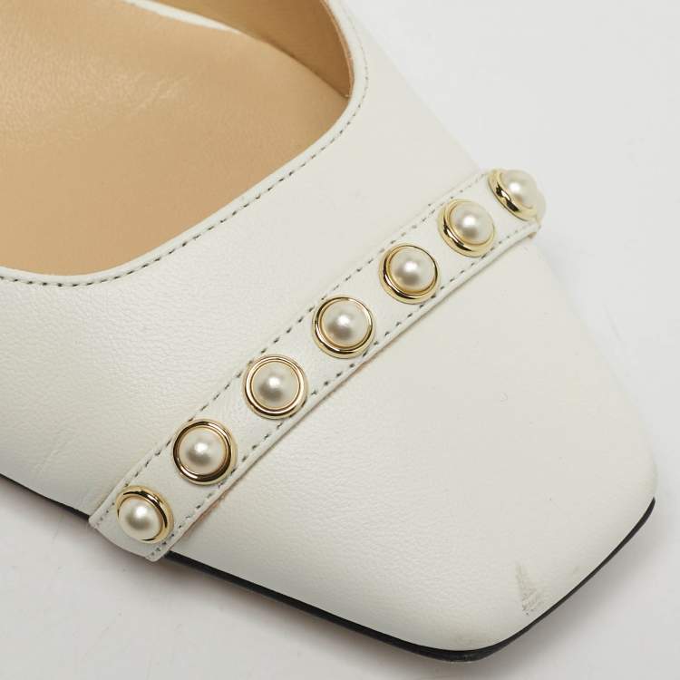 Pre Owned Jimmy Choo Hya Pearl Embellished Size 37 White Leather Slingback Pumps