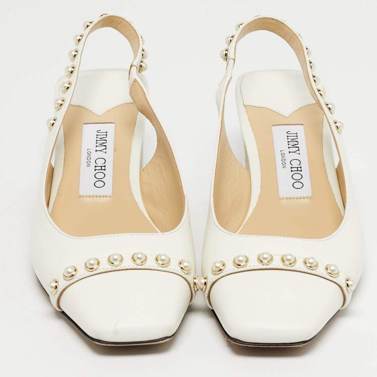 Pre Owned Jimmy Choo Hya Pearl Embellished Size 37 White Leather Slingback Pumps