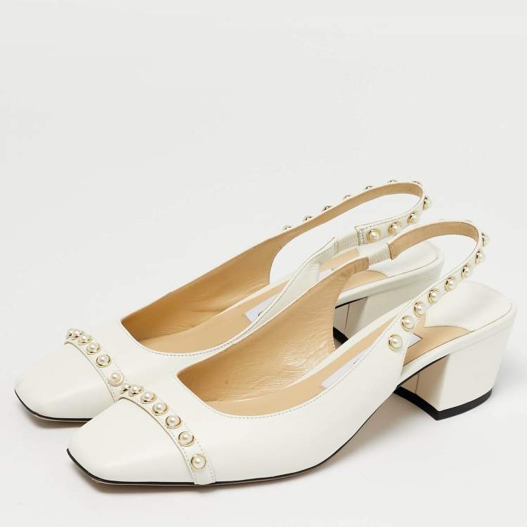 Pre Owned Jimmy Choo Hya Pearl Embellished Size 37 White Leather Slingback Pumps