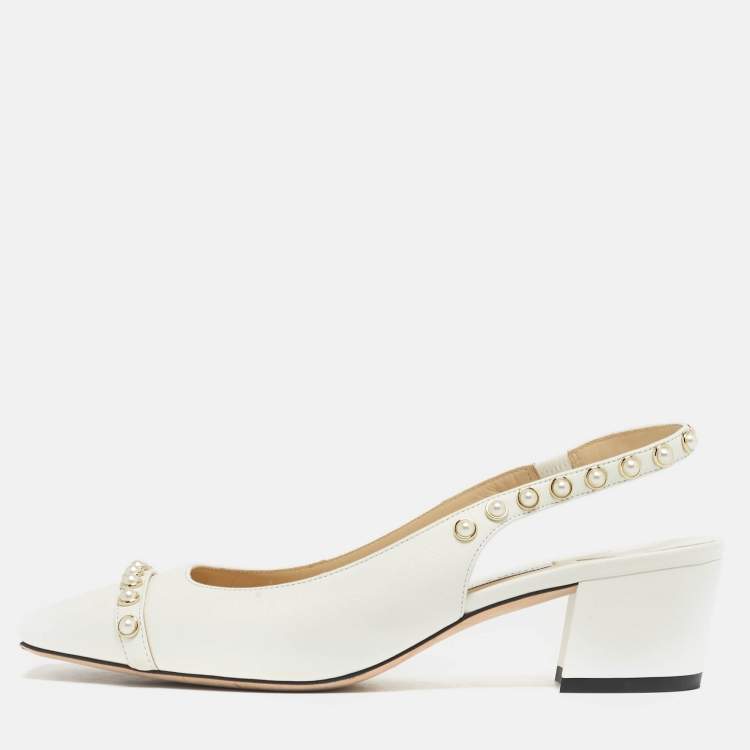 Pre Owned Jimmy Choo Hya Pearl Embellished Size 37 White Leather Slingback Pumps