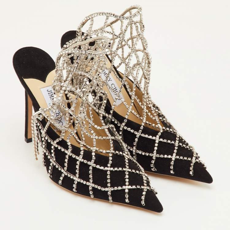 Pre Owned Jimmy Choo Scotty Size 40.5 Black Suede Pointed Toe Crystal Chains Pumps