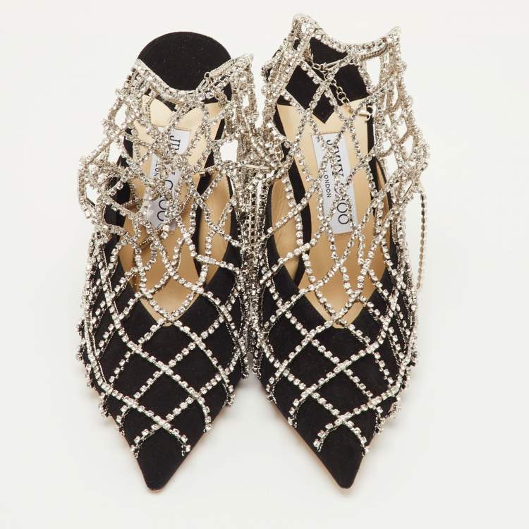 Pre Owned Jimmy Choo Scotty Size 40.5 Black Suede Pointed Toe Crystal Chains Pumps