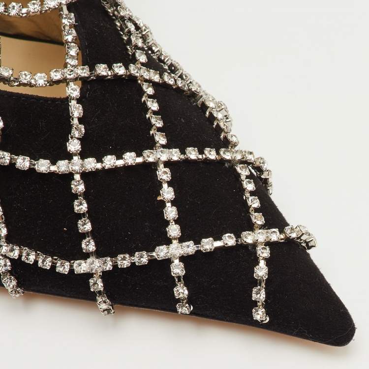 Pre Owned Jimmy Choo Scotty Size 40.5 Black Suede Pointed Toe Crystal Chains Pumps