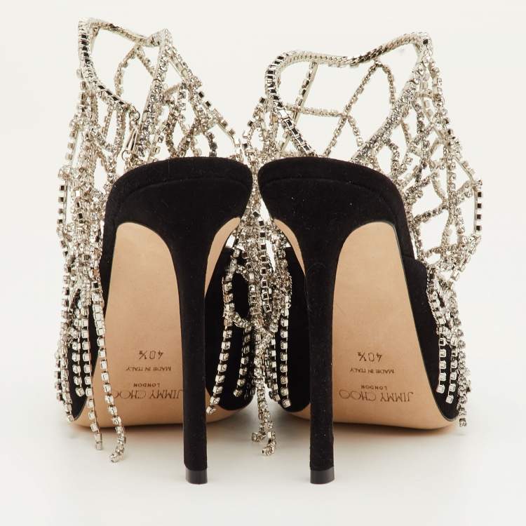 Pre Owned Jimmy Choo Scotty Size 40.5 Black Suede Pointed Toe Crystal Chains Pumps