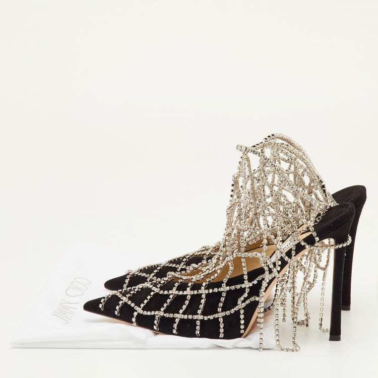 Pre Owned Jimmy Choo Scotty Size 40.5 Black Suede Pointed Toe Crystal Chains Pumps