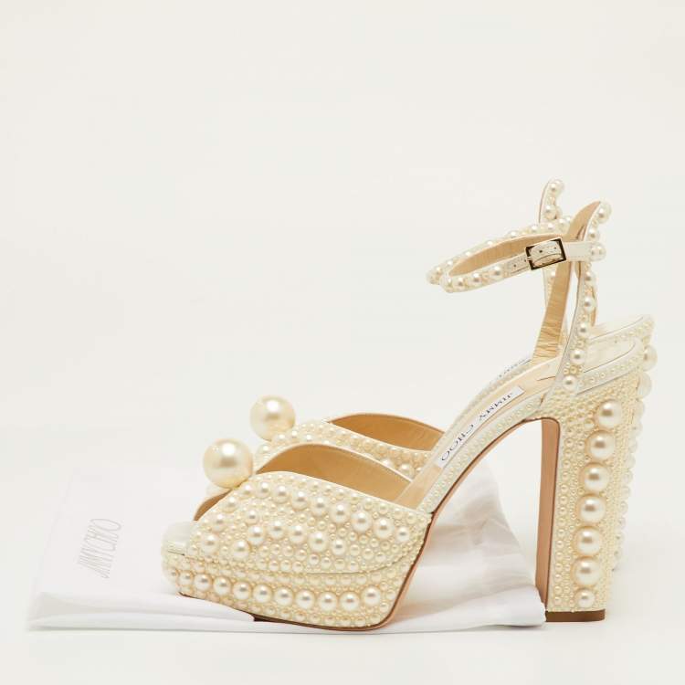 Pre Owned Jimmy Choo Sacaria Size 40.5 White Satin Platform Ankle Strap Sandals