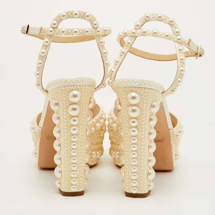 Pre Owned Jimmy Choo Sacaria Size 40.5 White Satin Platform Ankle Strap Sandals
