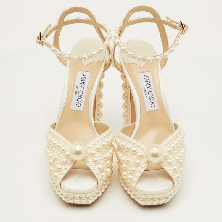 Pre Owned Jimmy Choo Sacaria Size 40.5 White Satin Platform Ankle Strap Sandals