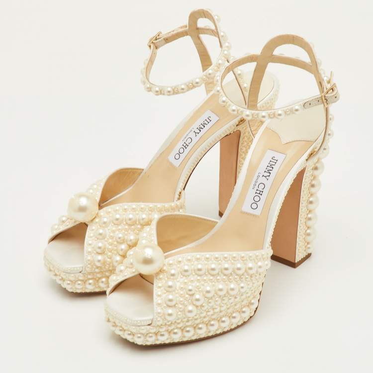 Pre Owned Jimmy Choo Sacaria Size 40.5 White Satin Platform Ankle Strap Sandals