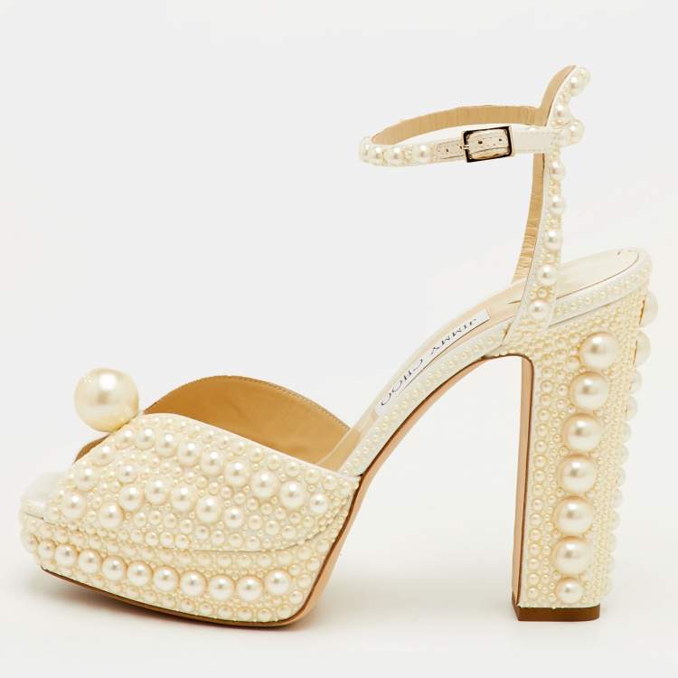 Pre Owned Jimmy Choo Sacaria Size 40.5 White Satin Platform Ankle Strap Sandals