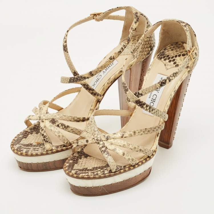مملوكة مسبقًا Jimmy Choo Size 38 Cream Beige/Brown  Python Embossed Leather Ankle Strap Sandals