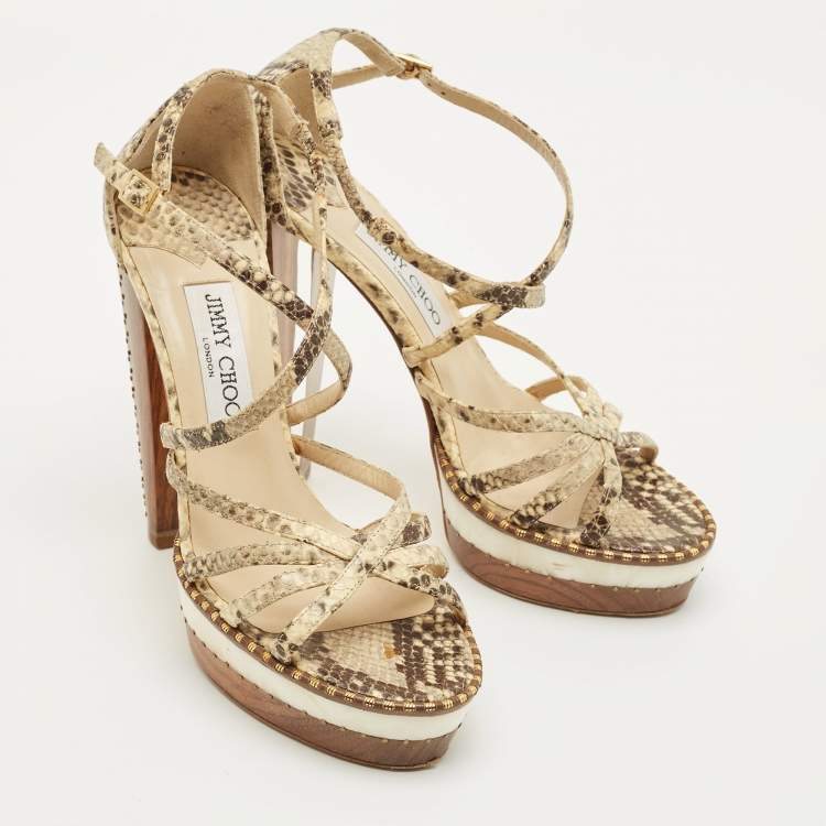 مملوكة مسبقًا Jimmy Choo Size 38 Cream Beige/Brown  Python Embossed Leather Ankle Strap Sandals