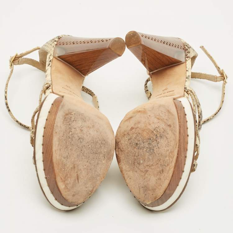 مملوكة مسبقًا Jimmy Choo Size 38 Cream Beige/Brown  Python Embossed Leather Ankle Strap Sandals