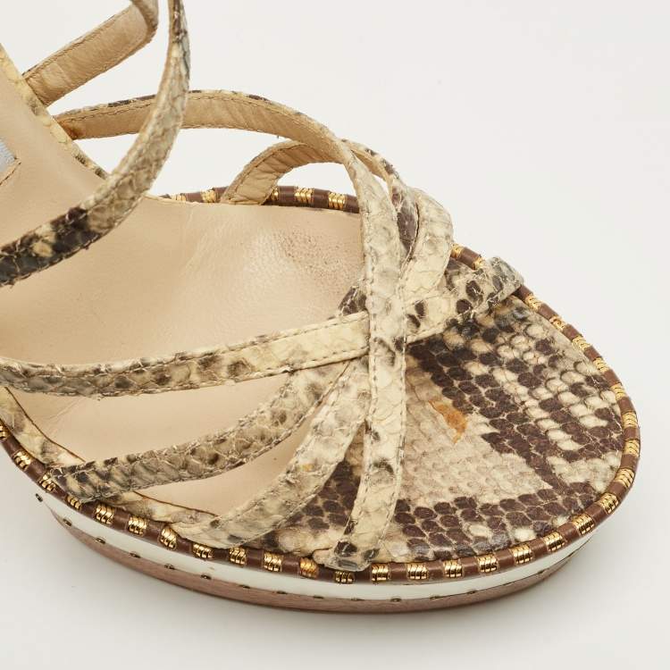 مملوكة مسبقًا Jimmy Choo Size 38 Cream Beige/Brown  Python Embossed Leather Ankle Strap Sandals