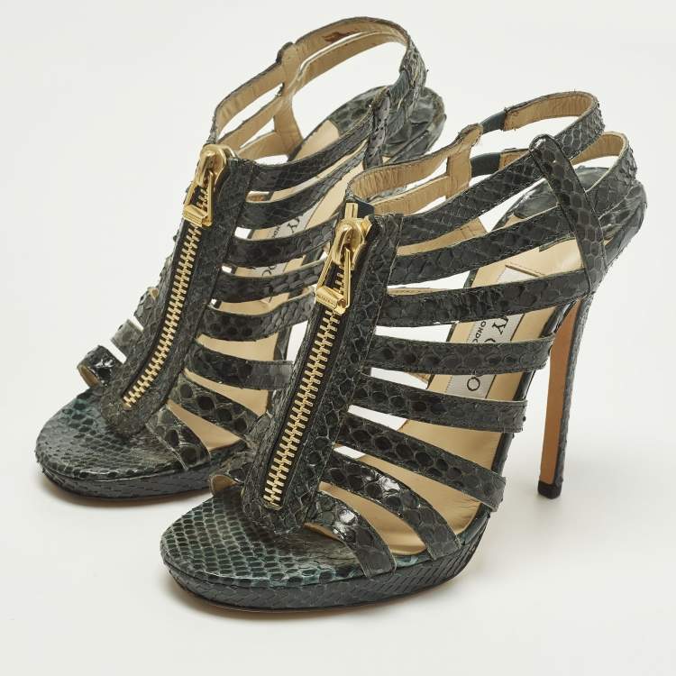 Pre Owned Jimmy Choo Size 38.5 Green Python Leather Strappy  Sandals