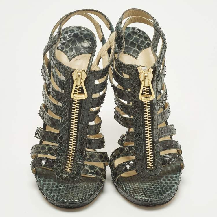 Pre Owned Jimmy Choo Size 38.5 Green Python Leather Strappy  Sandals
