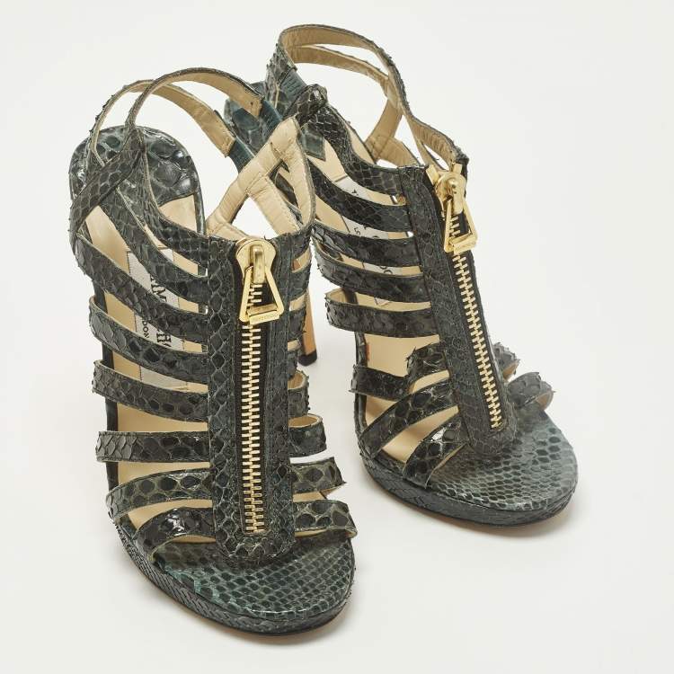 Pre Owned Jimmy Choo Size 38.5 Green Python Leather Strappy  Sandals