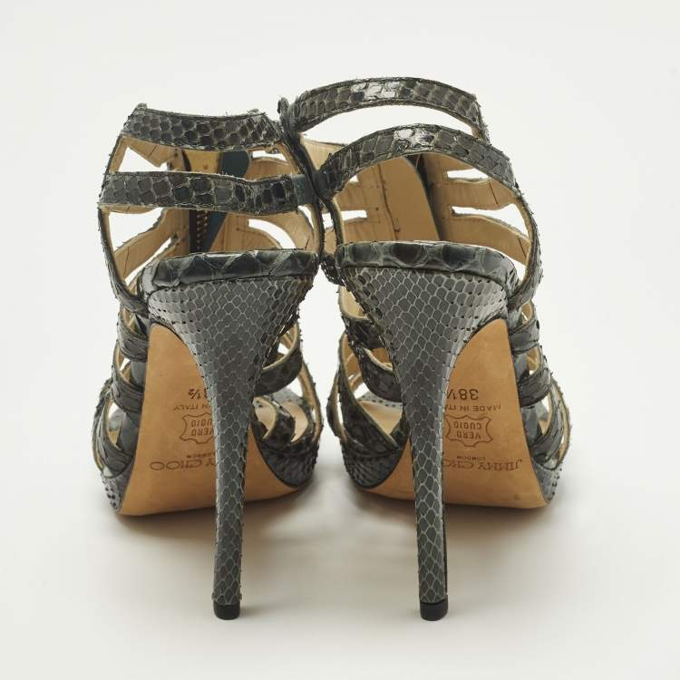 Pre Owned Jimmy Choo Size 38.5 Green Python Leather Strappy  Sandals