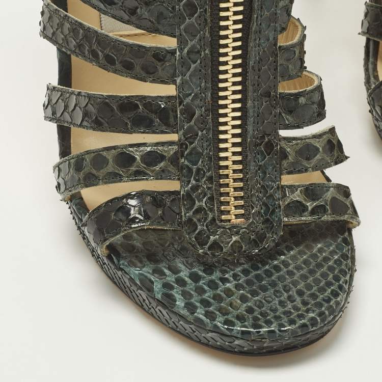 Pre Owned Jimmy Choo Size 38.5 Green Python Leather Strappy  Sandals