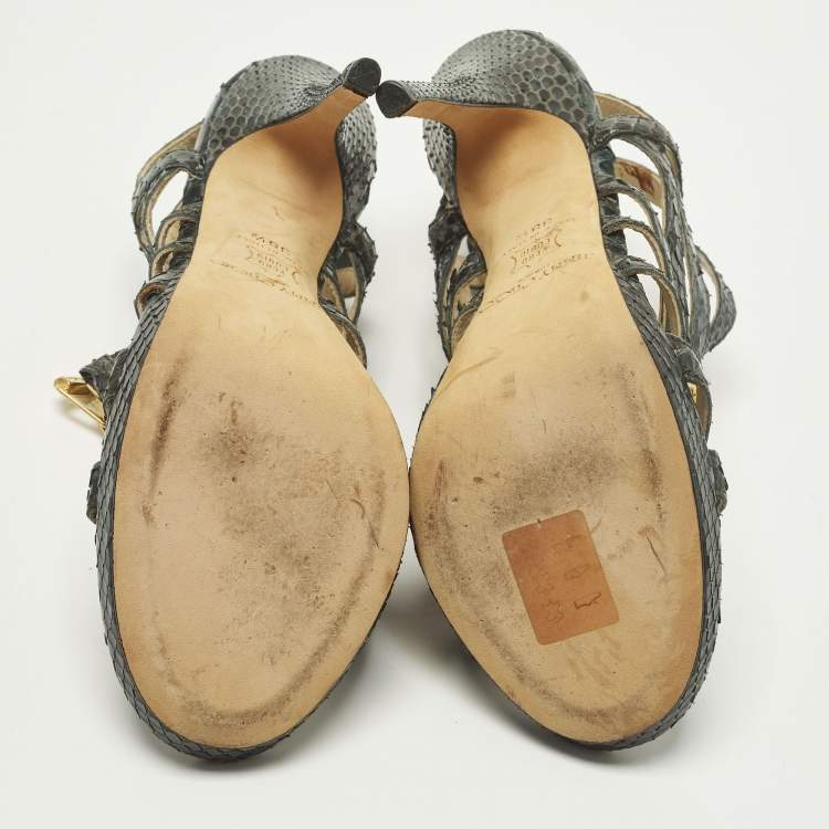 Pre Owned Jimmy Choo Size 38.5 Green Python Leather Strappy  Sandals