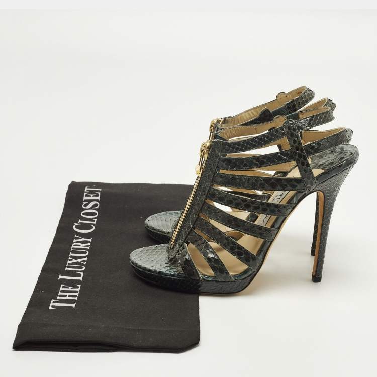 Pre Owned Jimmy Choo Size 38.5 Green Python Leather Strappy  Sandals