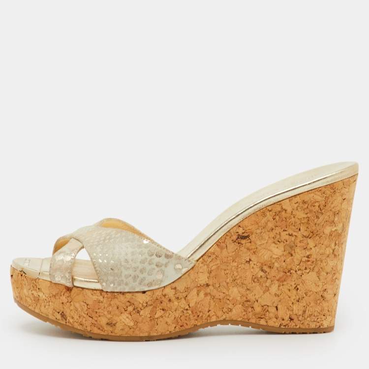 Pre Owned Jimmy Choo Prima Size 38 Beige Python Embossed Leather Wedge Sandals