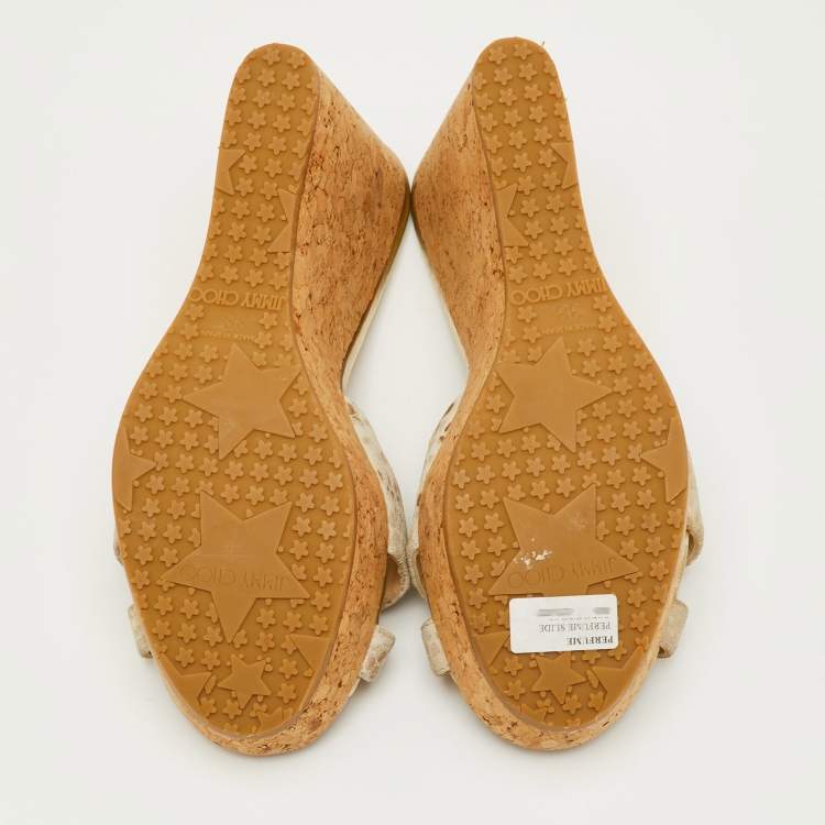 Pre Owned Jimmy Choo Prima Size 38 Beige Python Embossed Leather Wedge Sandals